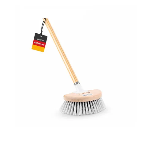 BawiTec Fensterwascher Waschbürste Halbmond-Form 20cm - Nass- & Trockenmopps für den Haushalt, mit weichen Kunstfaser-Borsten und stabilem 120cm Holzstiel, ideal für Fenster, Türen, Auto und mehr.