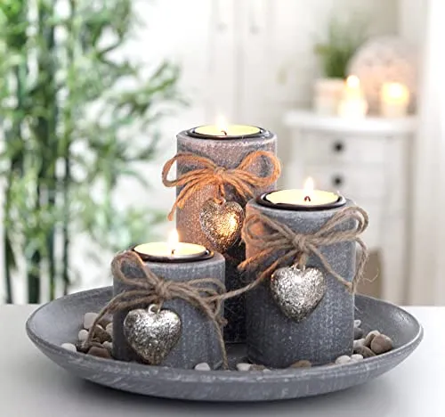 Dekotablett Teelichthalter Set grau Holz Kerzenhalter Herz Teelicht Steine Kerzentablett modern edel mit Dekoteller (3er rund IK)