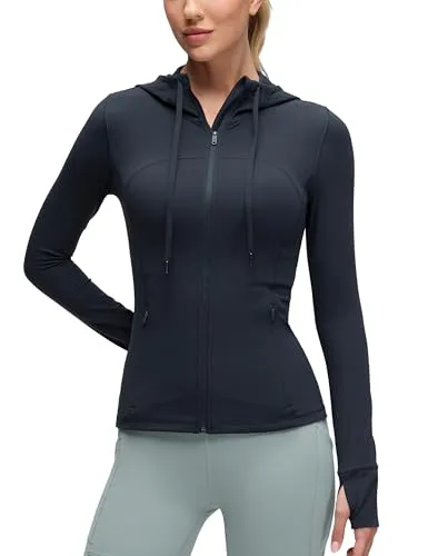 CRZ YOGA Damen Butterluxe Voll Reißverschluss Running Jacke Zip Tasche Sport Gym Hoodie Mesh Hoody Sweatjacke mit Daumenloch Echte Marine 44