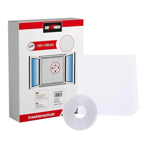 Grafner Insektenschutz für Fenster, verschiedene Größen und Farben, individuell zuschneidbar, incl. selbstklebenden Klettband, ohne Bohren, 180 x 150 cm weiß Fliegen Gitter Mücken Schutz