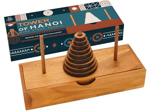 BSIRI Turm von Hanoi Holzpuzzle – 9 Ringe Knobelspiel, Logikspiel, Geduldspiel für Erwachsene, Denkspiel für Erwachsene, Holz, IQ Spiele - Geschenkidee für Erwachsene und Kinder - holzspiele