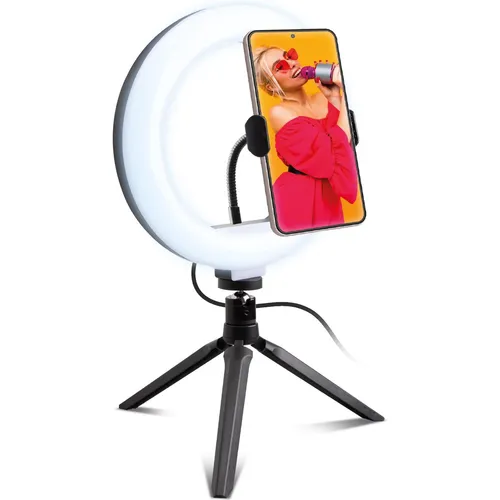 SBS Ring Light mit Stativ und Tele- Selbstierclip - Professionelles Ringlicht für gleichmäßige Ausleuchtung, ideal für Fotoshootings und Videos. Inklusive stabilem Stativ für vielseitige Einsatzmöglichkeiten.