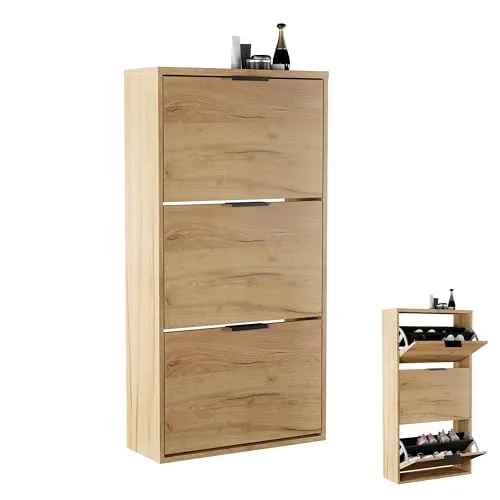 Planetmöbel Schuhschrank schmal mit 3 Klappen - Platzsparender Schuhschrank für Diele und Flur (60 x 23 x 118 cm) mit 6 Ablagen, ideal zur Aufbewahrung von 12-16 Paar Schuhen und praktischer Kippmechanik für einfachen Zugang.