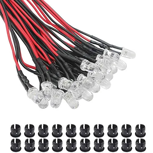 KeeYees 20Pcs 5mm Leds mit 20cm Kabel DC 12V Led Fertig Verkabelt + 20Pcs 5mm LED Montageringe Plastik (Rot)