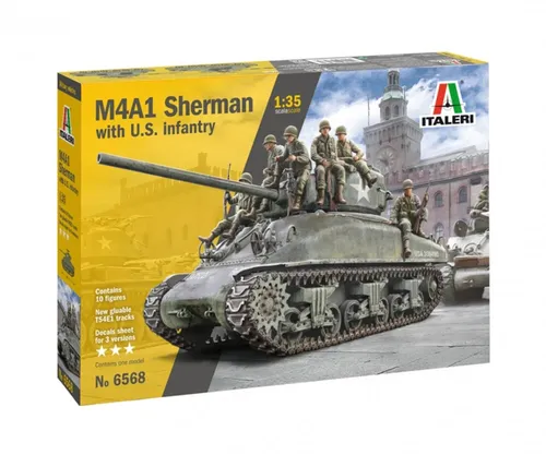 Italeri M4A1 Sherman 1:35 Modellbau mit Infanterie Kit - Modellbausatz im Maßstab 1:35, inklusive Infanteriefiguren für realistische Dioramen und kreative Gestaltungsmöglichkeiten.