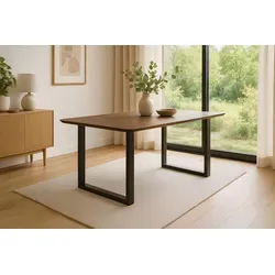 Esstisch Roberto | 180 x 90 cm | Akazienholz massiv & kastanienfarbig | Schweizer Kante & abgerundete Ecken | U-Gestell Metall Schwarz - Braun