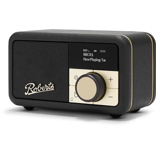 Roberts Radio Revival Petite 2 Schwarz - Stylisches DAB+ Radio mit Retro-Look, ideal für Zuhause und unterwegs. Genieß kabelloses Streaming über Bluetooth und bis zu 20 Stunden Akkulaufzeit.