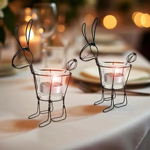 Schwarzer Deko-Kerzenhalter Hase aus Metall mit Glas als Set, Kerzen- & Teelichthalter, Oster-Dekoration, Garten-Tisch, Hochzeit, Herbst, Indoor & Outdoor, Wohnzimmer, Fensterbank Pflanzenhalter 2 x