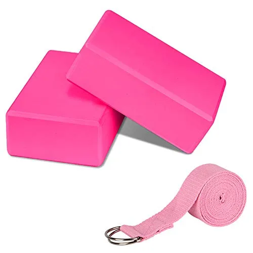PUDSIRN Yoga-Block-Set, Hochdichte EVA-Schaum-Blöcke, Rutschfest, Mit Gurt und Metall-D-Ring zur Verbesserung der Balance und Flexibilität für Pilates, Meditation, Rosa, 2 Stück