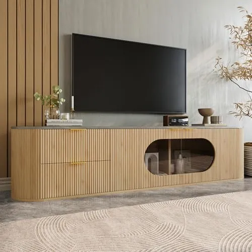 BTM Moderner, minimalistischer TV-Schrank in Holzoptik, Schranktüren mit vertikalen 3D-Streifen, Ovaler Vitrinenschrank aus grauem Glas, Mehrzonen-Stauraum, Wohnzimmerschrank