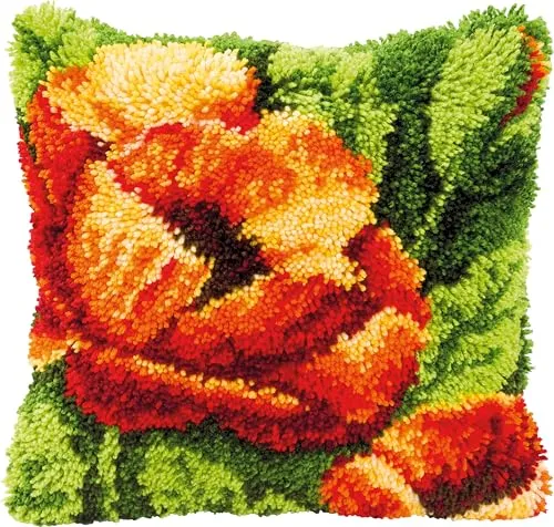 Vervaco PN-0014175 Knüpfkissen Orange Mohnblume - Knüpfset für ein stilvolles Kissen in Mohnblumen-Design, Größe 40x40cm, ideal für kreative Bastler und Wohnraumgestaltung.