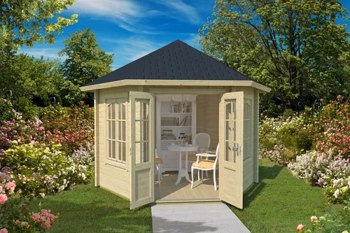 Gartenhaus Holz 44mm Pavillon RIVERA 350x303cm - Gartenhaus aus hochwertigem Holz mit 44mm Wandstärke, ideal für entspannte Stunden im Garten und als praktischer Stauraum.