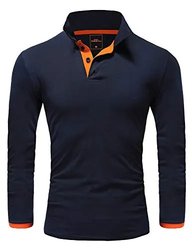 Amaci&Sons Herren Poloshirt Basic Kontrast Langarm Polohemd Shirt 5201 Navyblau/Orange 4XL