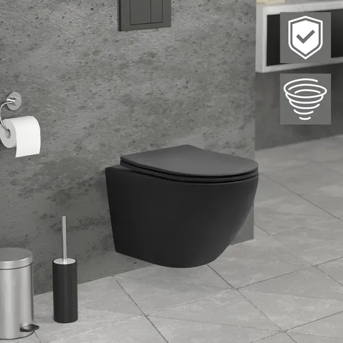LuxeBath Wand WC Spülrandlos Schwarz matt - Modernes Hänge-WC mit Tiefspüler und Nano-Beschichtung für maximale Hygiene. Mit 360° Tornadospülung und absenkbarem Sitz für Komfort und einfache Reinigung.