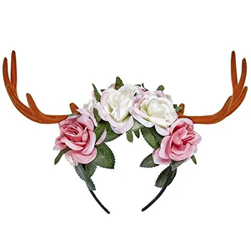 Amakando Phantasievoller Geweih-Haarreif mit Blumen für Frauen/Märchenhafter Blüten-Haarschmuck Rentier-Hörner/EIN Blickfang zu Weihnachten & Fasching