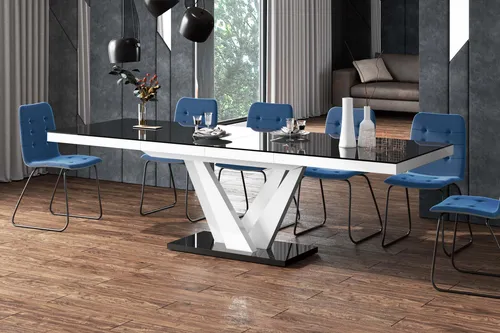 Esstisch HEV-111 Ausziehbar 160-256 cm, Schwarz Hochglanz - Weiß Hochglanz - Eleganter Esstisch mit Synchronauszug, ideal für flexible Essbereiche. Leicht kombinierbar mit verschiedenen Einrichtungsstilen und in anderen Farben erhältlich.