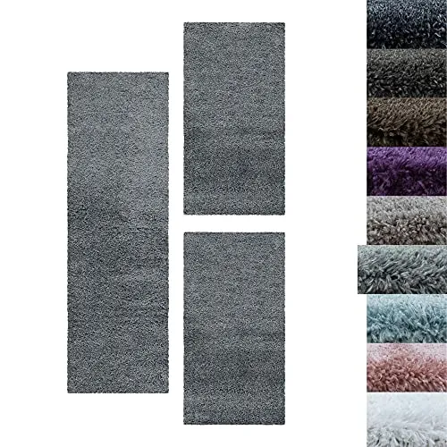 SIMPEX Bettumrandung Schlafzimmer 3teilig Shaggy Hochflor Teppich Hellgrau Bettset: 2 mal 60x110 + 1 mal 80x150 - Schlafzimmer Teppich 3 Teilig Läufer Extra Weich Flauschig Bettvorleger Läuferset