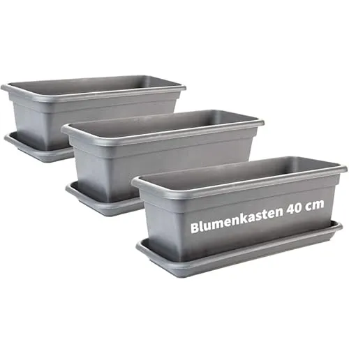 2friends Balkon Blumenkasten Set 40cm, 3er-Pack, mit Untersetzer, Kunststoff, EU-Fertigung, Anthrazit