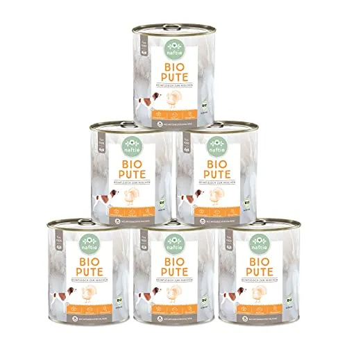 naftie Bio Hundefutter 100% Bio-Pute - Reinfleisch Pute pur - Nassfutter zum Mischen - glutenfrei, getreidefrei - Sparpaket 6X 800g Dosen