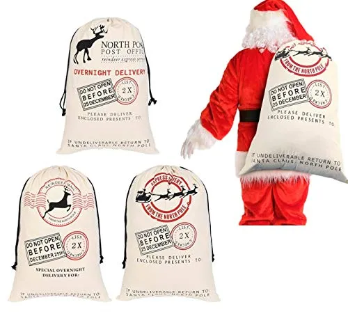 KAHEIGN 3Pcs Weihnachtsmann Sack, 70 x 50cm Groß Weihnachten Santa Tasche für Geschenke Mit Kordelzug