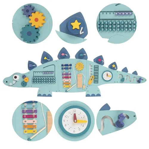 KiddyMoon Busy Board Montessori Motorikbrett Kinder Holz Dinosaurierform Lernspiel