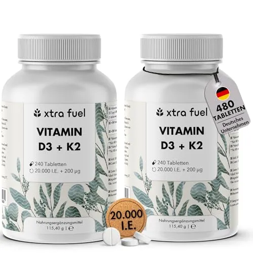 Vitamin D3 K2 20000 IE - Hochdosierte 480 Tabletten für starke Knochen - Vitamin D Präparate, hochdosiert mit 20000 IE D3 und 200 µg K2 MK-7, unterstützt Immun- und Knochengesundheit, vegan und ohne Zusatzstoffe.