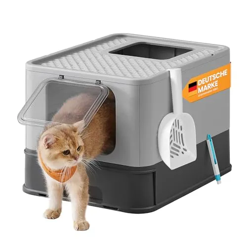 Feandrea Katzenklo, Katzentoilette, mit Deckel, ausziehbares Tablett, Schaufel, Bürste, für Katzen bis 15 kg, weniger Spuren, auslaufsicherer Boden, anthrazitgrau-Taubengrau PPT001B01