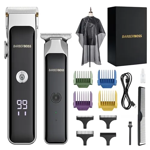 BarberBoss Tragbarer Bart- & Haarschneider, Gesichtshaarschneider für Männer mit Keramikklinge, Präzisions-Zifferblatt, Führungskämme, USB-Aufladung, Rot/Grün Anzeige, QR-2682