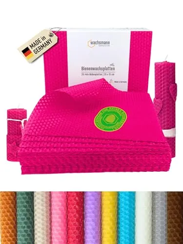 Wachsmann 20 Bienenwachsplatten - Pink - Kerzenwachs aus 100% reinem Bienenwachs, ideal für kreative Bastelprojekte. Einfach zu verarbeiten, für duftende Kerzen und persönliche Geschenke.