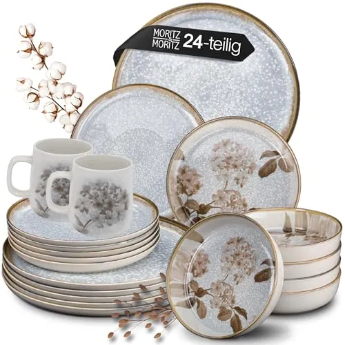 Moritz & Moritz BLOSSOM Porzellan Geschirrset 6 Personen 24-tlg. - Modernes Tafelservice mit verspieltem Design - Pflegeleichtes Kaffeeservice mit Teller Set, Schüsseln & Tassen - Kombiservice