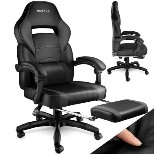tectake® Ergonomischer Bürostuhl mit Lendenkissen - Bürostuhl mit Fußstütze und verstellbarer Rückenlehne für perfekten Sitzkomfort im Home Office oder beim Gaming. Elegantes Design trifft auf Funktionalität.