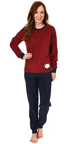 Damen Frottee Pyjama Langarm Schlafanzug mit Bündchen und süsser Applikation - 201 13 565, Farbe:rot, Größe2:40/42