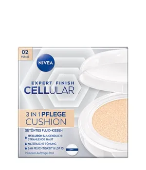 NIVEA Cellular Expert Finish 3in1 Pflege Cushion Foundation 15 ml Mittel - Make-up mit Pflege: NIVEA Cellular Expert Finish 3in1 Cushion Foundation für jugendlich strahlende Haut, angereichert mit Hyaluron und Kollagen-Booster, ideal für eine ebenmäßige Teintauffrischung unterwegs.