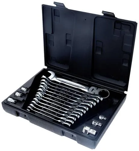 KS Tools 503.4868 GEARplus - 18-tlg. Gelenk-Ratschenringmaulschlüssel-Satz, feststellbar mit 180° schwenkbarem Kopf und FlankTraction-Profil