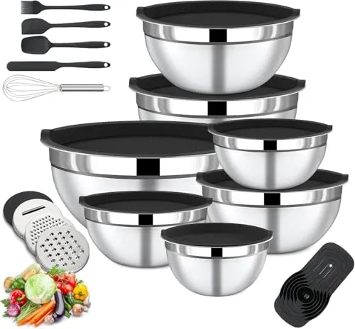 Winzbacher Edelstahl Schüssel mit Deckel [5er Set] 1l + 1.5l + 2.5l + 3.5l + 4.5l | Rührschüssel, Salatschüssel, Schüsselset, | rutschfest | stapelbar