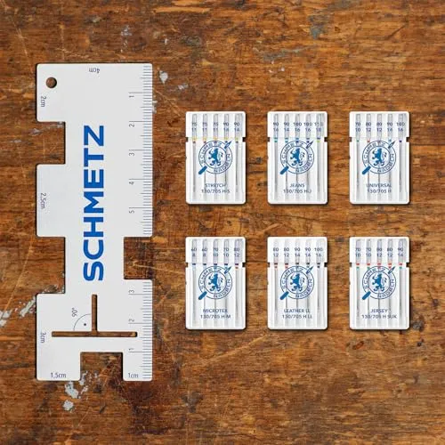 SCHMETZ | 30 Nähmaschinennadeln | Maxi Starter Set | für die gängigsten Materialien | Sortierungen | Inklusive 1 Saummaß