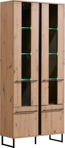 Homestyle4u Vitrine Highboard Schrank mit Fächer Kommode Wohnzimmerschrank Sideboard Holz Natur Schwarz