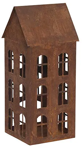 ETC dekorative Garten-Laterne Tisch-Laterne Garten-Windlicht aus Metall edelrostig in Haus-Form