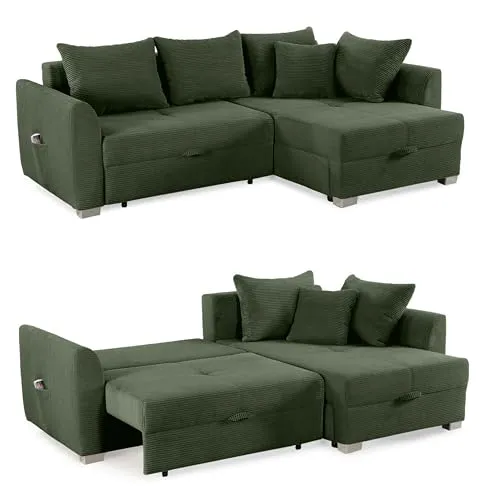 Cord Ecksofa 236x160 cm mit Schlaffunktion - Sofas & Couches – Bequeme L-Couch mit ausziehbarer Ottomane und Stauraum, perfekt für entspannte Abende und Übernachtungsgäste.