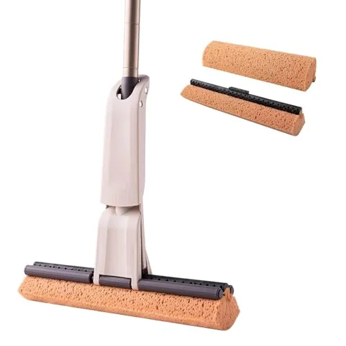 Eyliden Schwamm-Mopp für Bodenreinigung, mit 2 saugfähigen Schwamm, 32.5 cm breite Köpfe, Rollmopp, freihändig, Waschmopp für Küche, Badezimmer, Büro, Hartholz, Laminat, Marmor, Keramikböden (braun)