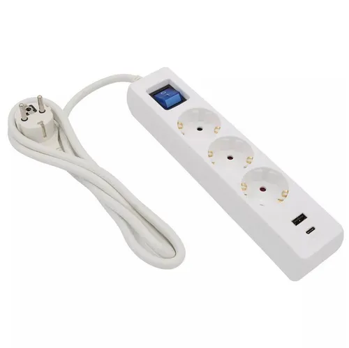 3m Steckdosenleiste weiß 3 fach mit USB-A + USB-C Ladebuchse Schalter flachem Winkelstecker