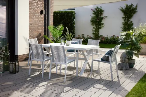 Primaster Garten-Essgruppe Santorini für 6 Personen - Gartenmöbelset aus Aluminium und Seil, wetterfest und ideal für gesellige Abende im Freien.