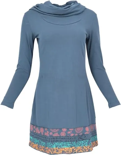 GURU SHOP Boho Patchwork Minikleid mit Schalkragen - Taubenblau, Damen, Größe XL - Elegantes Minikleid mit Schalkragen und einzigartiger Patchworkbordüre. Taillierter Schnitt, ideal für jeden Anlass. Trage es auch als Tunika mit Hosen. Jedes Kleid ist ein Unikat und sorgt für einen besonderen Look.