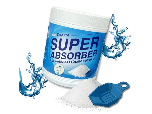 BlueCraft Campingtoilette Granulat Super Absorber 900g Bindemittel für Flüssigkeiten aller Art, (wie Wasser, Urin, Blut, Erbrochenes, Fäkalien, Öl uvm. Gelbinder Ideal), für Pflege, Camping, Haushalt, Werkstatt, Leckage, Wasserspeicher