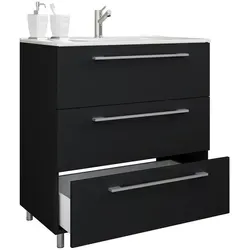 Mid.you Waschtischkombi VCM Schubo, Schwarz - Badmöbel-Set mit 3 Schubladen, stehend und einzeln stellbar, perfekt für platzsparende Badezimmerlösungen.