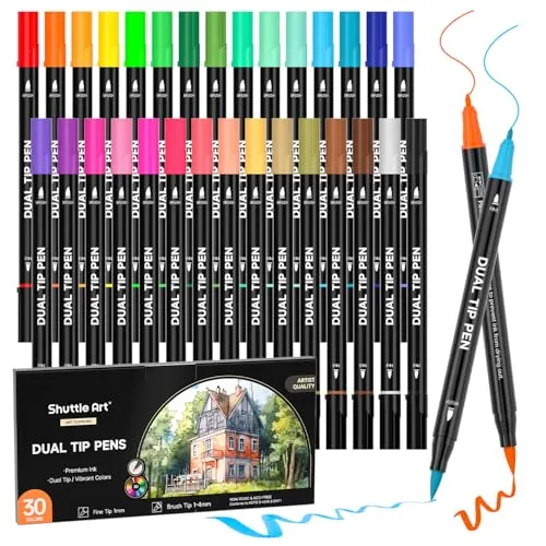 Shuttle Art Dual Brush Pen Set, 30 doppelseitige Pinselstifte, Filzstifte Dicke und Dünne, Aquarellstifte mit Malbuch für Kinder, Filzstifte für Erwachsene zum Malen Handlettering, Kalligraphie Stifte