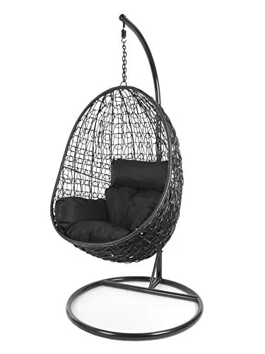Kideo Hängesessel Komplettset mit Gestell & Kissen, Schwarz - Hängesessel Komplettset aus Poly-Rattan, ideal für Ihre Lounge-Oase. Edles Design in Schwarz, belastbar bis 120 kg und inklusive bequemem Kissen.