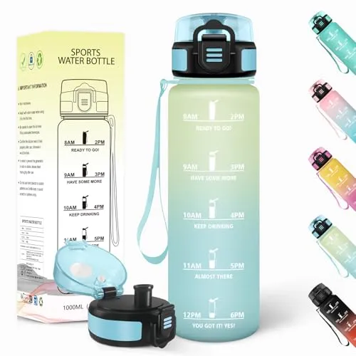 Baramumu Trinkflasche 1l, Auslaufsicher, Trinkflasche Kohlensäure Geeignet, Mit Zeitstempel, Wasserflasche, Sportflasche, für Yoga, Fahrrad, Fitness, Gym, Off-White-Hellblau