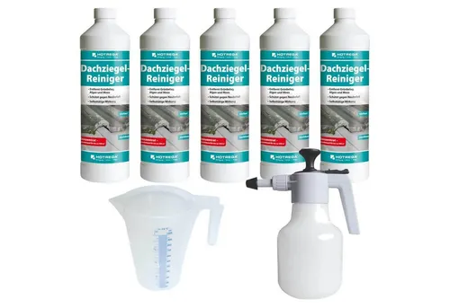 HOTREGA® Dachziegel Reiniger - 5x1L Set mit Druckspritze - Reinigungsmittel für Dachziegel, entfernt mühelos grüne Beläge mit Langzeit-Schutz und ist biologisch abbaubar. Ideal für empfindliche Oberflächen wie Zink oder Kupfer.