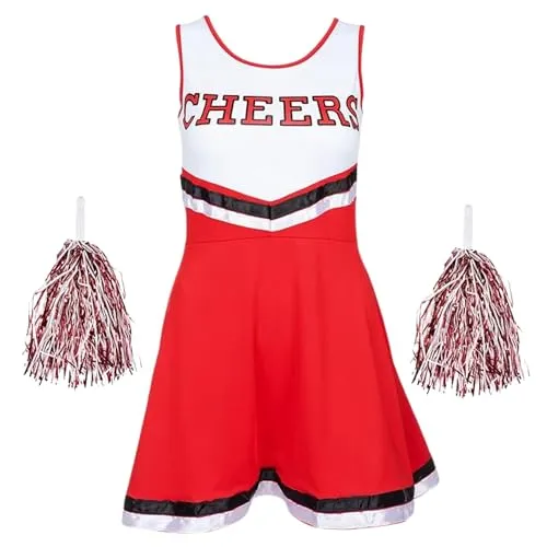 REDSTAR FANCY DRESS Cheerleader Kostüm Kinder mit High School Cheerleader Pompons – Halloween Kostüm Teenager Mädchen – Kinderkostüm Faschingskostüme Kinder, Karneval, Party